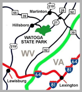 Stylized regional map showing Directions to Watoga State Park relative to Interstate Highways