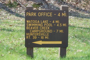 Park Office sign at Lick Island Rd from Seebert