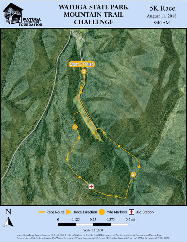 Overhead terrain perspective of 5K Route Watoga Moutain Challenge