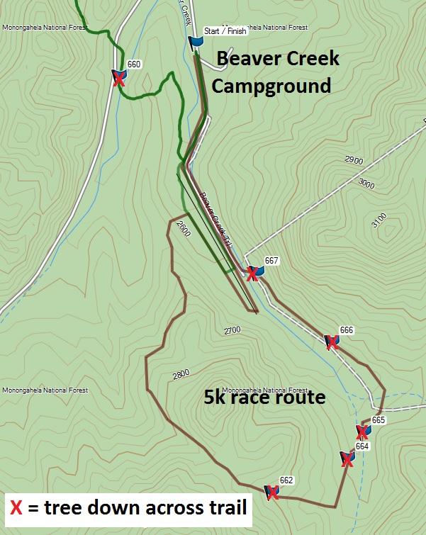 Topo map of the 5K Trail route Watoga State Park