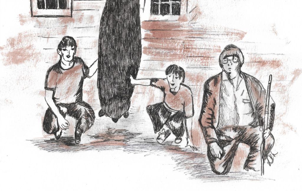 Drawing of black bear killed near Watoga, circa 1970; L-R: Ronnie, Johnny and Vernon Dean. Artistic impression by Debra Lynn Kimball.