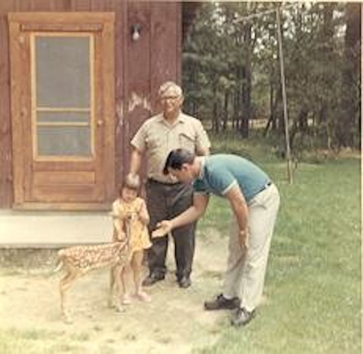 While growing up at Watoga, my family kept a deer rescued by my dad. Pictured, circa 1967 (L-R): My younger sister, Vicki Lynn, my dad and my brother-in-law, Mickey. Photographer unknown.