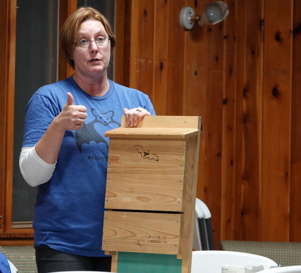 Cindy Sandeno discusses bat house with workshop participants at Watoga State Park, a would be Dark Sky Park