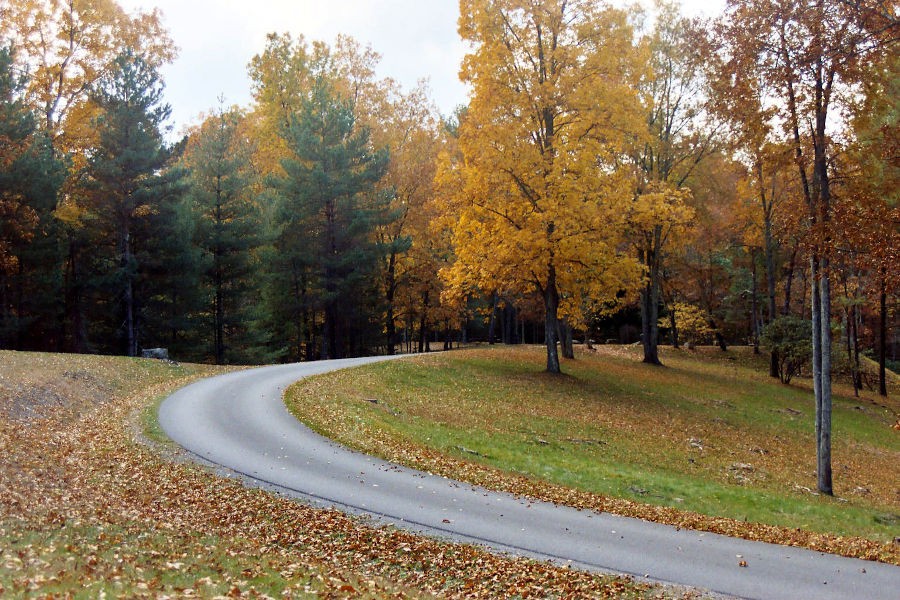 A curving road separates trees of yellow, magenta and tall pines lead the way along a leaf-lined road at Watoga State Park. A picturesque fall scene unfolds near T.M. Cheek Memorial at Watoga State Park. Photo by Stanley Clark©.