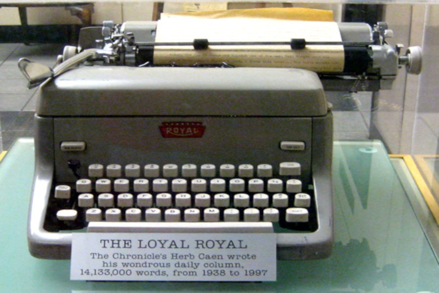 News produced on a classic Royal typewriter. Longstanding columnist Herb Caen, of the San Francisco Chronic called this his "Loyal Royal." Notice the millions of words typed.