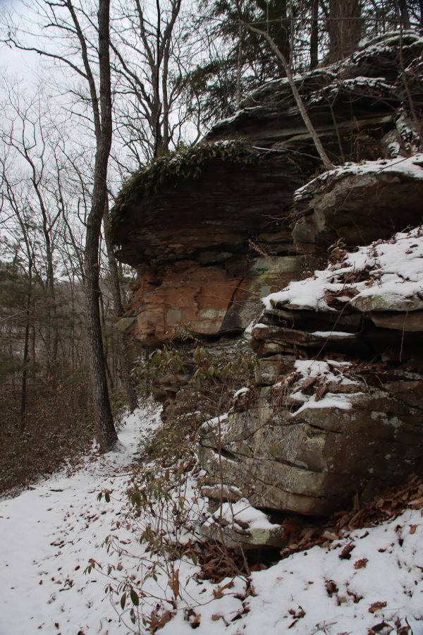 A rock outcrop taken along the northwestern branch of the Honeybee Trail shows snow lying in various places of the cragged rock formation.. The photographer snapped this pic from the Dragon Draft Trail and noted how far away this group of rocks seemed to be. Photo by Angela Hill©.