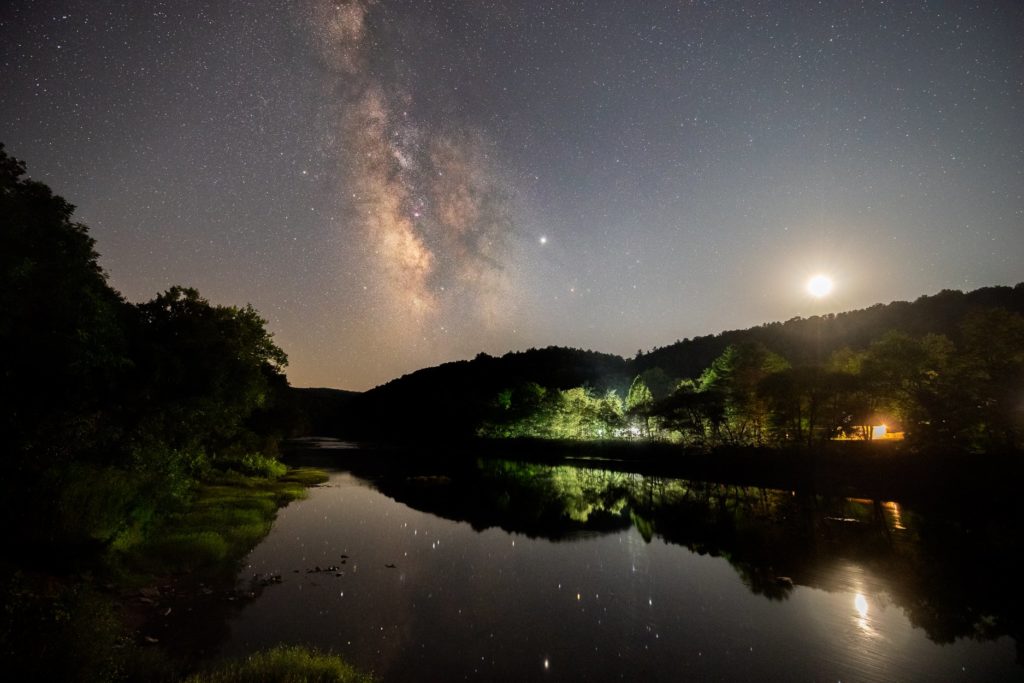 On a clear night at Watoga State Park, the 11-acre lake sits below the Milky Way Galaxy. A Top 10 Dark Sky of the Milky Way Galaxy over Watoga Lake on a clear night. Photo by Jesse Thornton©