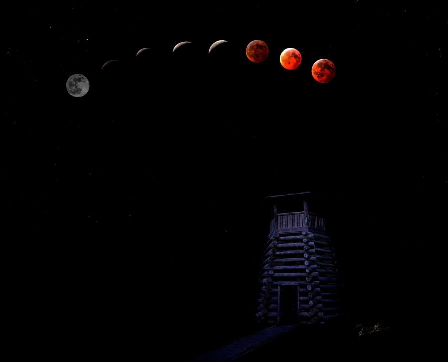 This party is ready to celebrate designation as West Virginia's first-ever dark sky park at a star watching party on September 2 at Droop Mountain Lookout Tower. This scene illustrates the different moon phases at a recent lunar eclipse. © Jill Mullins.